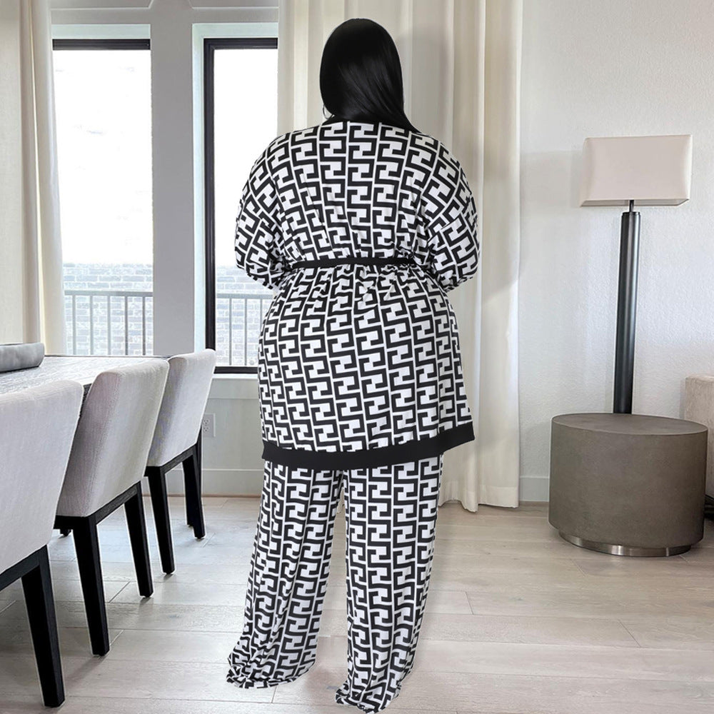 Wholesale Plus Size Women Clothes Belted Fretwork Print Loose Loungewear Two-Piece Set