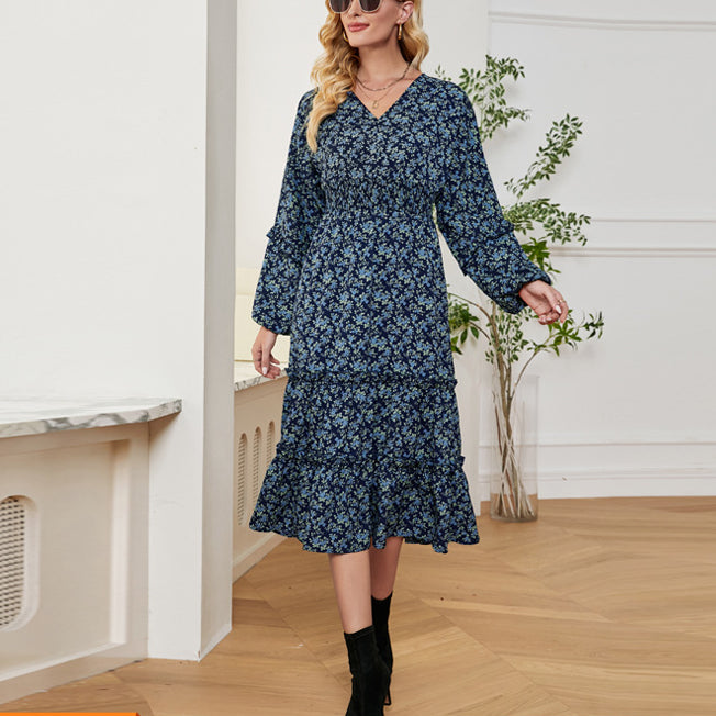 Printed Casual V-Neck Lantern Long Sleeve A-Line Dress Wholesale Dresses