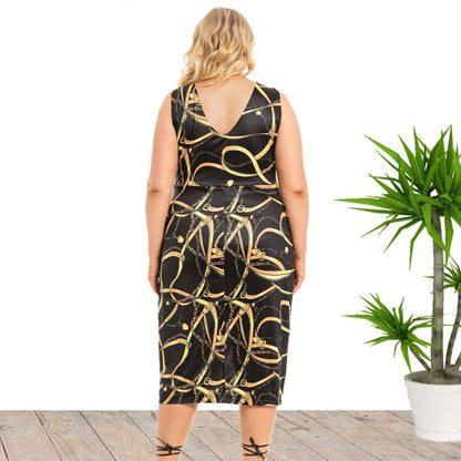 Fashion Printed Deep V Sleeveless Slit Irregular Hem Curve Dresses Mid Length Wholesale Plus Size Clothing