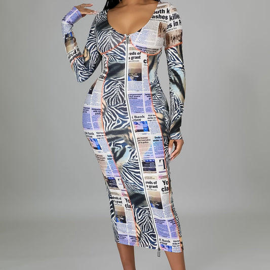 Newspaper Printing Regular Zipper V-Neck Low Cut Skinny Long Sleeve Sexy Midi Dress