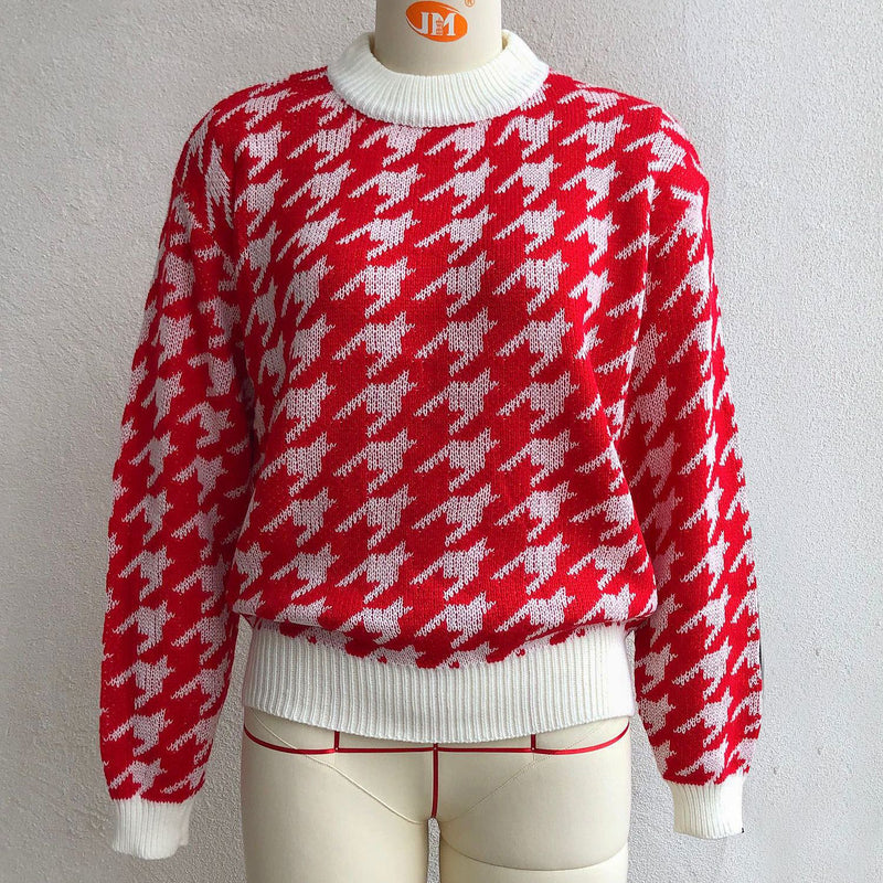 Houndstooth Pattern Round Neck Sweater Wholesale Clothing SS070039