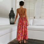 Floral Printed Halterneck Sexy Backless Waist Cut Out Beach Dress Slit Vacation Wholesale Maxi Dresses