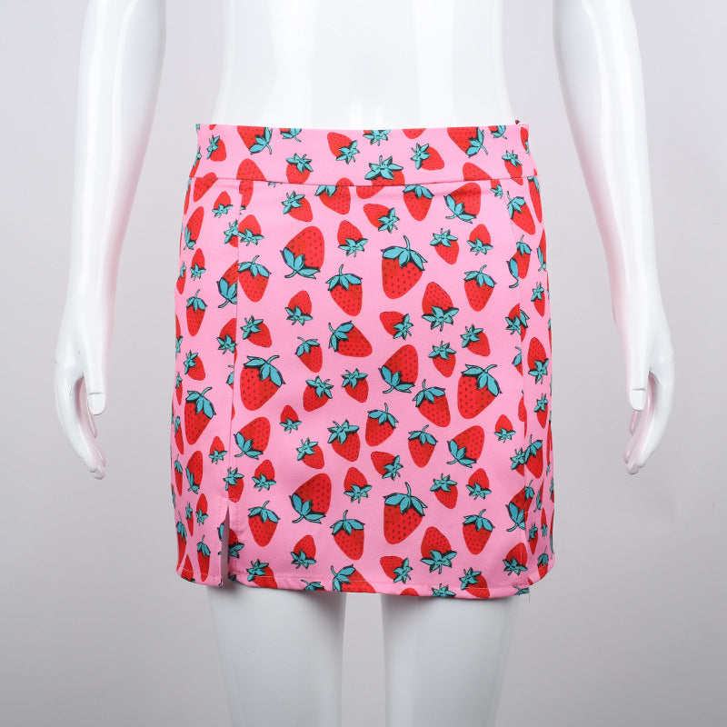 Strawberry Printing High Waist Slit Slim Skirt