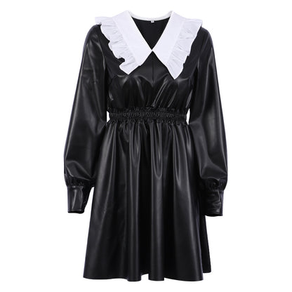 Ruffled Lapels Colorblock Fashion Wholesale Dresses Long Sleeve