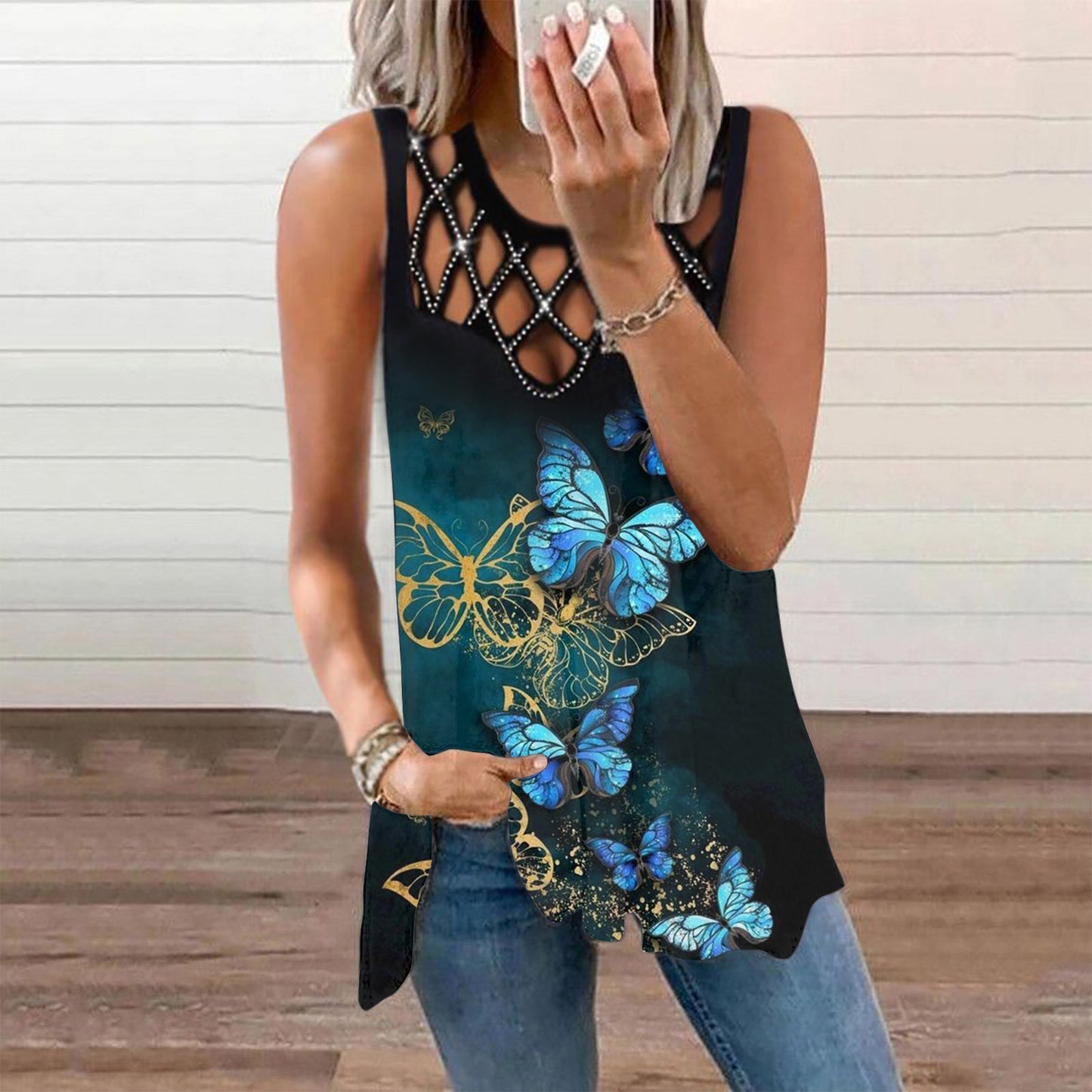 Sexy Hollow Out Print Tops Hot Drill Loose Sleeveless Womens T Shirts Wholesale