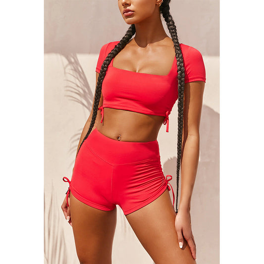 Drawstring Open Back Sport Short Tops & Shorts Yoga Suits Wholesale Activewear Sets