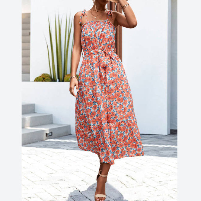 Shirred Mid-Length Strap Pockets Tie-Up Waist Floral Dress Wholesale Dresses