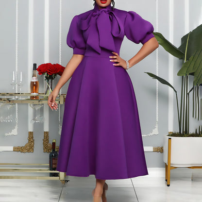 Bowknot Solid Color Puff Sleeve Swing Dress Wholesale Dresses