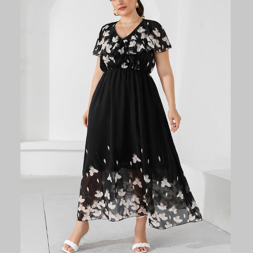 V-Neck Flared Sleeves Ruffled Chiffon Swing Casual Curvy Dresses Wholesale Plus Size Clothing