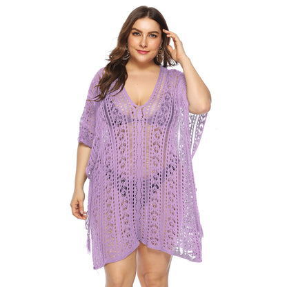 Sexy Cutout Knitted Bikini Cover Up V-Neck Slit Beachwear Curve Dresses Wholesale Plus Size Clothing