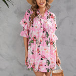 Printed Cropped Half-Sleeve Single-Breasted Wrap Chest Shirtdress Wholesale Casual Dresses