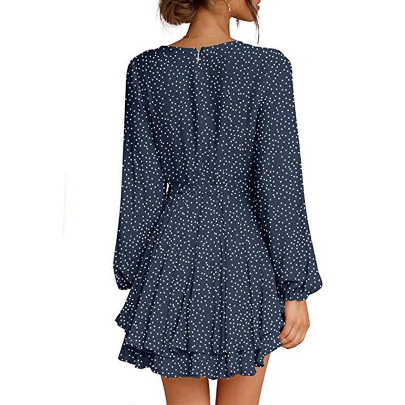 Polka Dot Print Long Sleeve V Neck Wholesale Swing Dresses With Belt