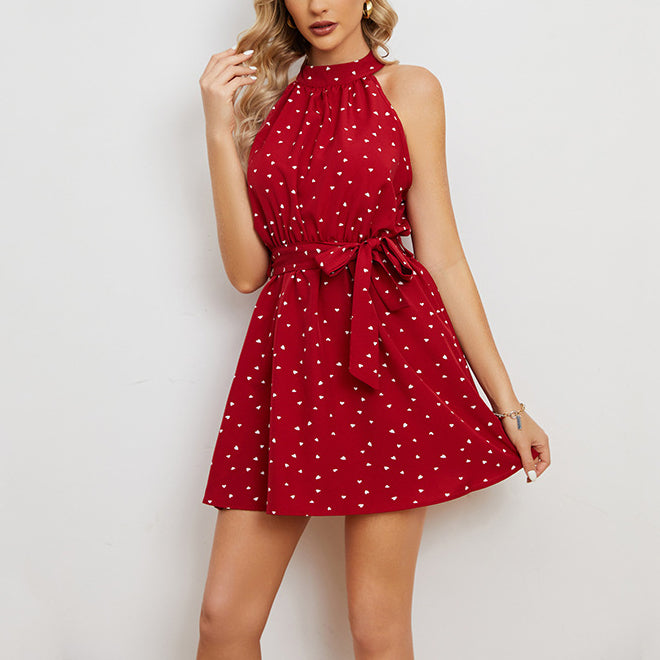 Polka Dot Print Casual Sleeveless Fashion Tie-Up Tank Swing Dress Wholesale Dresses