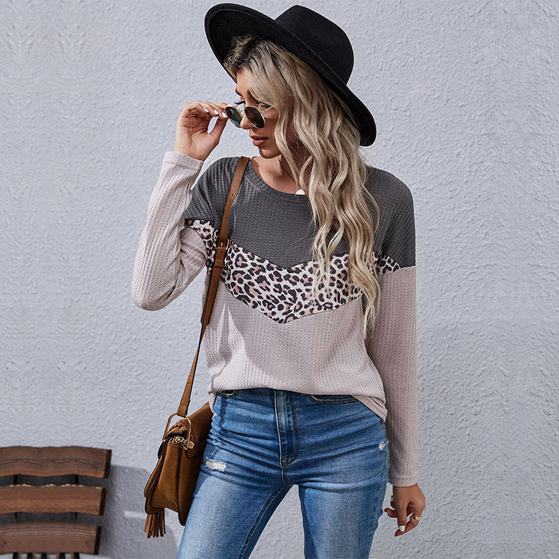 Leopard Print Knit Blouse Long Sleeve Sweater Shirts Wholesale Women Tops