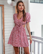 Floral Print Hollow Out Puff Sleeve Wholesale Swing Dresses for Summer