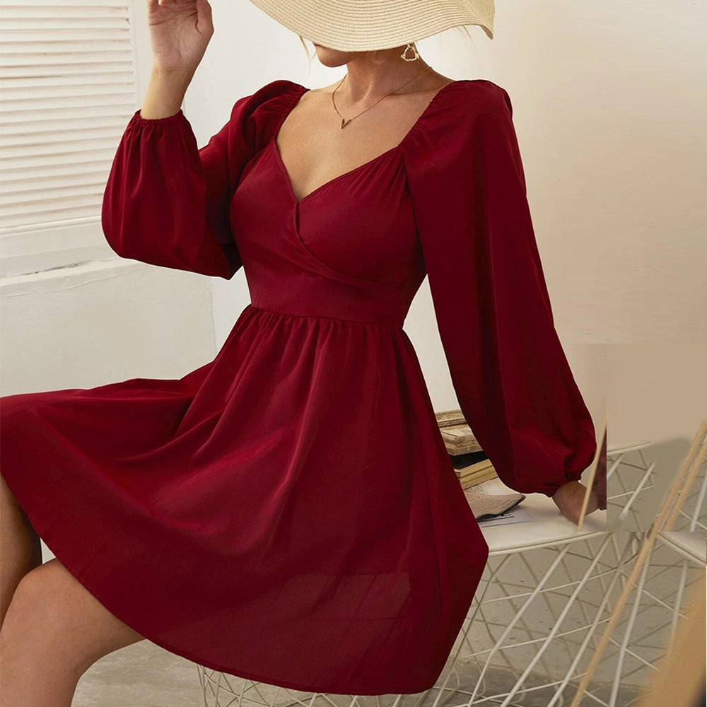 V-Neck Puff Sleeves Nipped Waist Vintage Dress Chic Wide Swing Wholesale Dresses