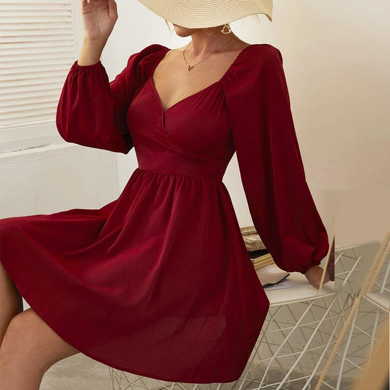 V-Neck Puff Sleeves Nipped Waist Vintage Dress Chic Wide Swing Wholesale Dresses