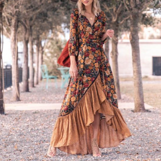 Vintage Floral Print Ruffled Dress Wholesale Maxi Dresses