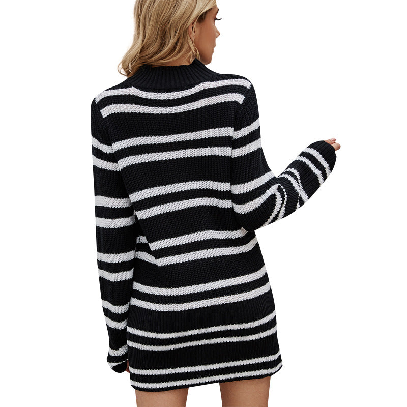 Striped Hollow Slim Stand Collar Jersey Mini Pullover Dress
