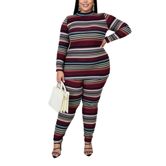 Striped Turtle Neck Plus Size Wholesale Casual Set