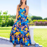 Plunge Neck Colorful Printed High Waist Resort Sundresses Ruffled Slip Dress Wholesale Maxi Dresses