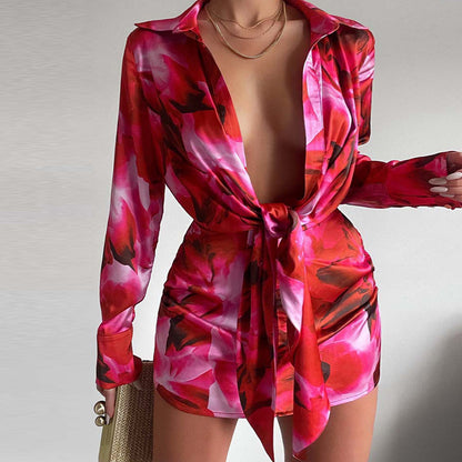 Printed Deep-V Long Sleeve Short Sexy Shirtdress Wholesale Shirt Dresses