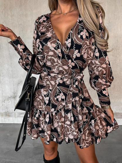 Long Sleeve Fashion Printed Waist Ruffled Dress Wholesale Dresses