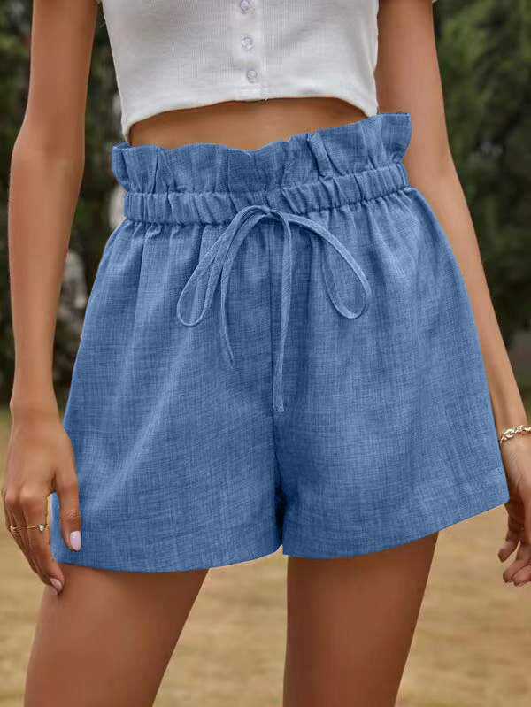 Lace-Up High Waist Loose Wide-Leg Cotton & Linen Womens Bud Short Pants Wholesale Shorts