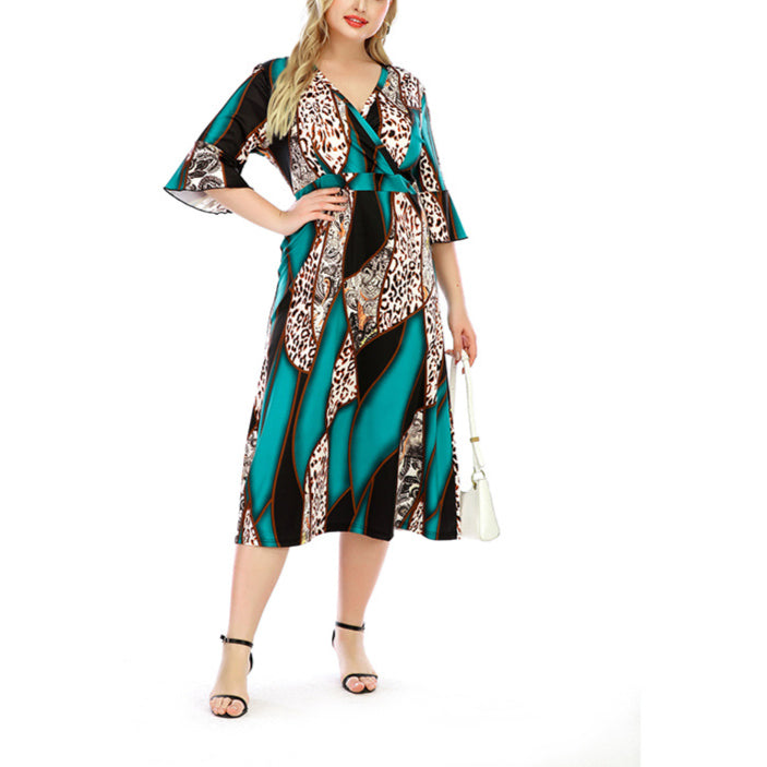 Printed Casual V-Neck Curvy Dresses Wholesale Plus Size Clothing