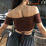 Sexy Lace-Up Halter Wrap Chest Top Off Shoulder Solid Color Short Sleeves Wholesale Crop Tops