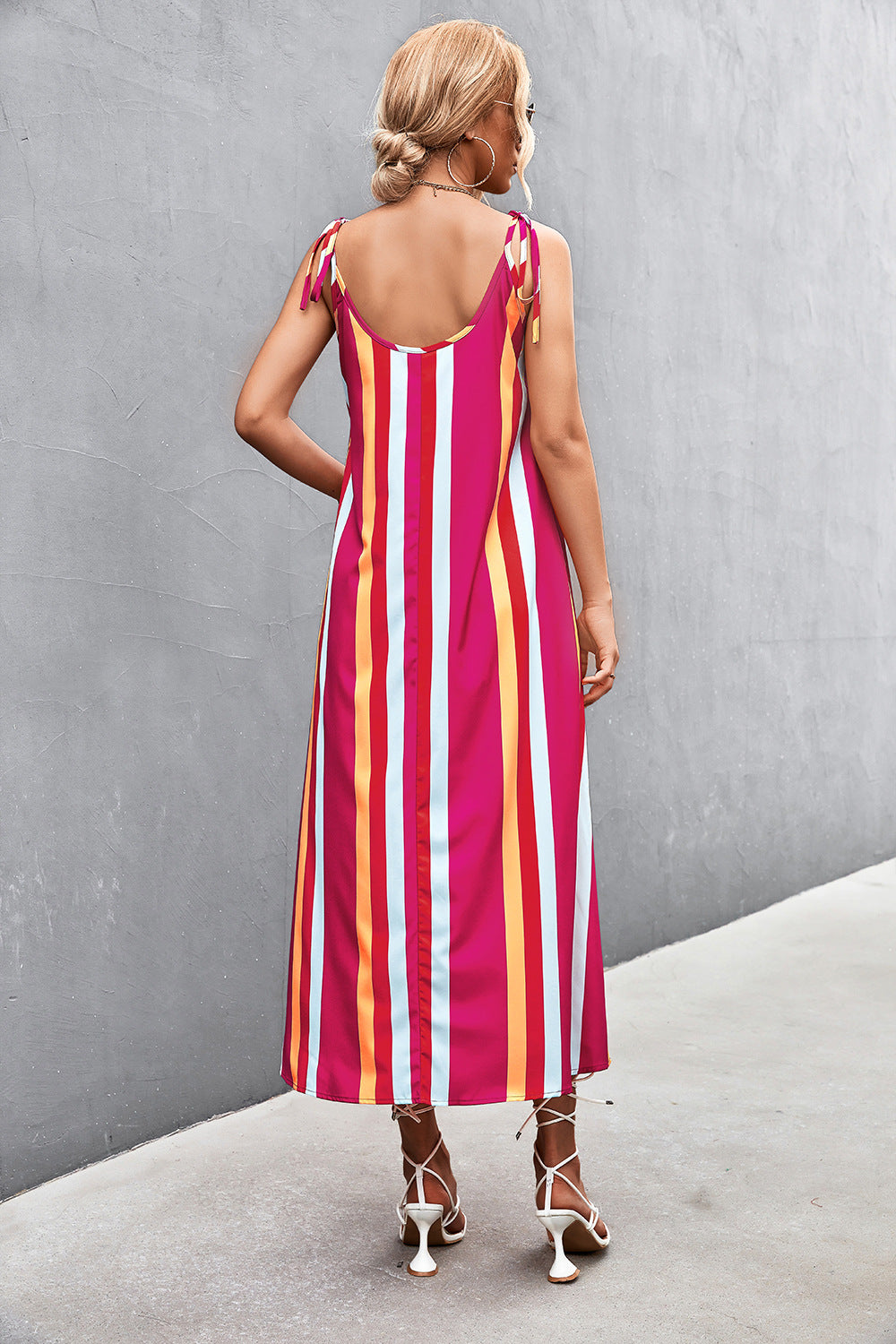 Low Cut Contrast Striped Print Sexy Backless Beach Sling A-Line Dress Holiday Wholesale Dresses