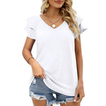 Solid Color V-Neck Double Ruffle Sleeve Loose Women'S Top Casual Wholesale T Shirts