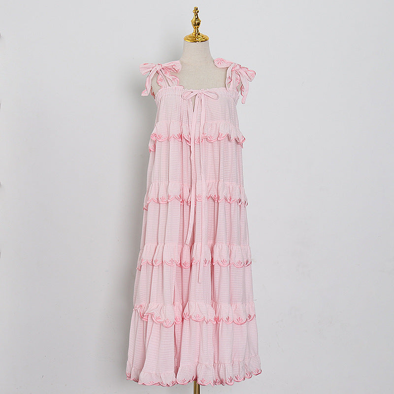 Solid Color Sling Lace-Up Vacation Clothes Beach Wide Swing Smocked Fluffy Dress Trendy Wholesale Dresses