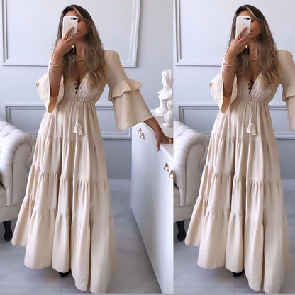 Sexy Deep V-Neck Lace-Up Tiered Swing Maxi Dress Solid Color Loose Lotus Leaf Sleeve Wholesale Dresses