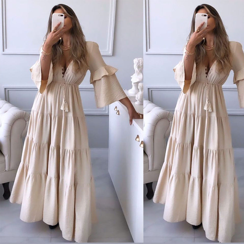 Sexy Deep V-Neck Lace-Up Tiered Swing Maxi Dress Solid Color Loose Lotus Leaf Sleeve Wholesale Dresses