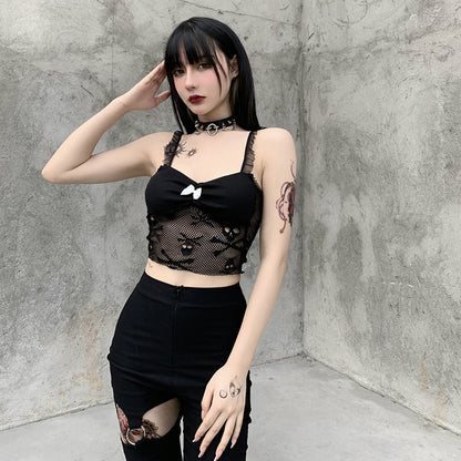 Skull Printed Hollow Design Dark Style Wholesale Crop Tops Black Lace