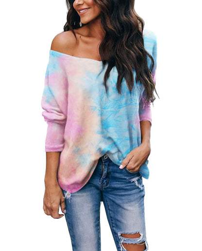 Tie-Dye Print Long Sleeve V-Neck Loose Women Tops Wholesale T Shirts Casual