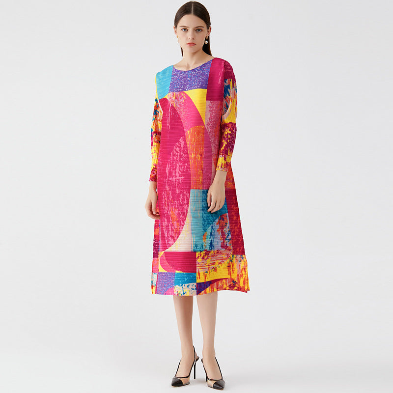 Painted Colorblock Loose Full Sleeve O-Neck Miidi Dress