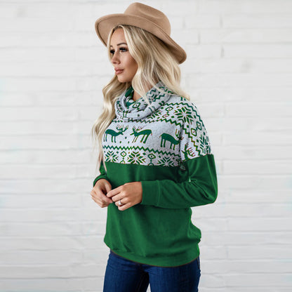 Women Pile Collar Christmas Deer Pattern Hoodie