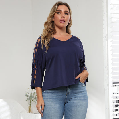 V-Neck Bat Sleeve Women Blouse Wholesale Plus Size Clothing Hollow Design