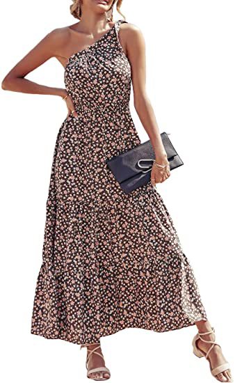 Floral Print Twist Slanted Shoulder Strapless Smocked Swing Dress Vacation Wholesale Maxi Dresses