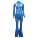 Plain Velvet Zipper Top With Pants Women Tracksuits