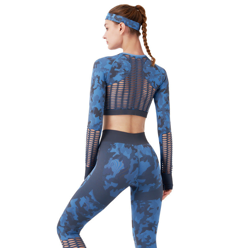 Ladies Hollow Long-Sleeved Crop Top & Leggings Set Yoga Set Camouflage