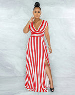 Fashion Striped Slit Design Deep V Wholesale Maxi Dresses Sexy Womens Clothing
