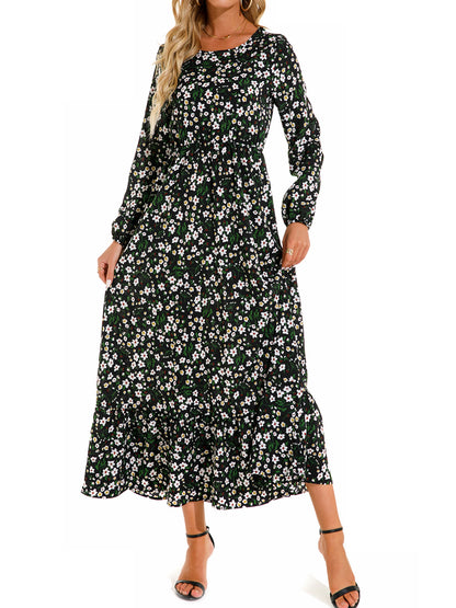 Fashion Print Chiffon High Waist Dress Casual Long Sleeve Round Neck A-Line Wholesale Dresses