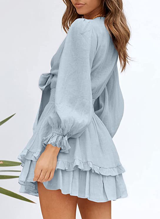 Solid Color V-Neck Tieback Bowknot Long Lantern Sleeve Ruffle Dress Casual Wholesale Dresses