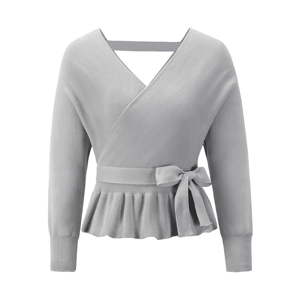 V-neck long-sleeved Backless Ruffled Hem Strappy Waist sweater