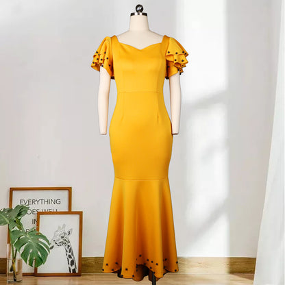 U-Neck Flounce Sleeves High Waist Slim Beaded Evening Dress Vintage Wholesalers