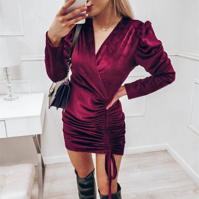 Bubble Sleeves Bodycon Tight Drawstring Solid Color Dress Sexy Wholesale Clothing
