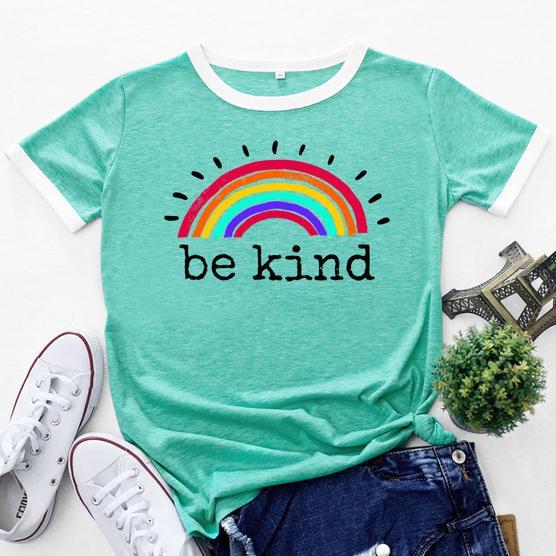 Rainbow & Letter Print Crew Neck Short Sleeve Tops Casual Wholesale Women'S T Shirts